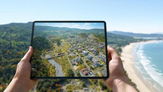 A person holding up a tablet with a view of a town and beach photo