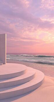 A white building on the beach with steps leading to the ocean photo
