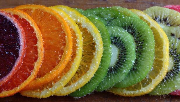A rainbow of sliced fruit on a table photo