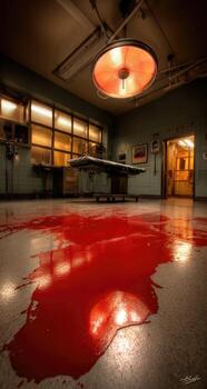 A room with blood on the floor and a table photo