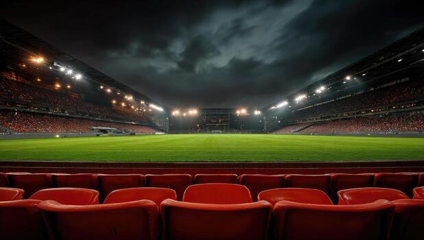 A stadium with red seats and a dark sky photo
