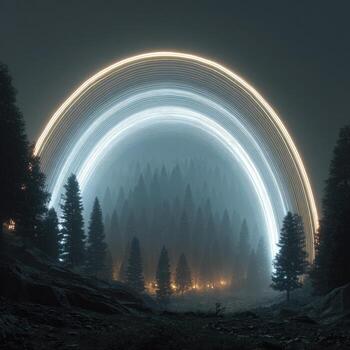 A rainbow in the forest with trees and light trails photo