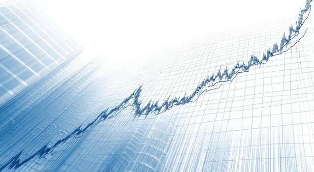 A blue background with a graph line and a building in the background photo