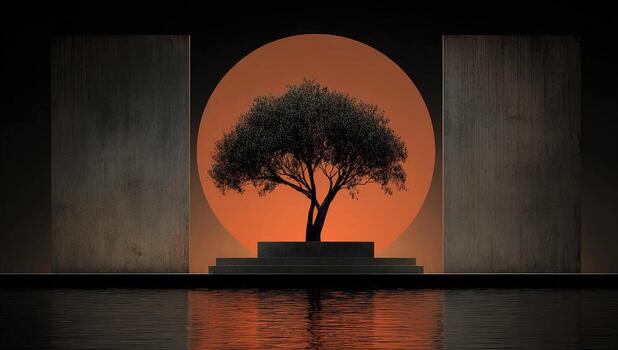 A tree is sitting on a pedestal in front of a large circular window photo