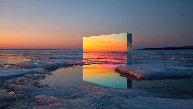 A large square of glass on the ice with the sunset in the background photo