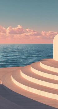 A wooden platform with steps leading to the ocean photo