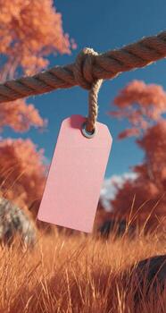 A pink tag hanging on a rope in a field photo