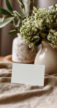 Place card on table with vase of flowers photo