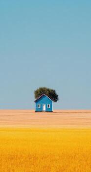 A small blue house in a field with a tree photo