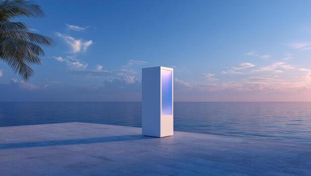 un blanco caja con un azul ligero en eso por el Oceano foto