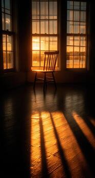 A chair in front of a window with the sun setting behind it photo