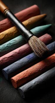 A close up of several colored pencils and a brush photo