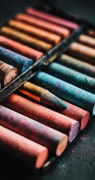 A close up of a box of colored pencils photo