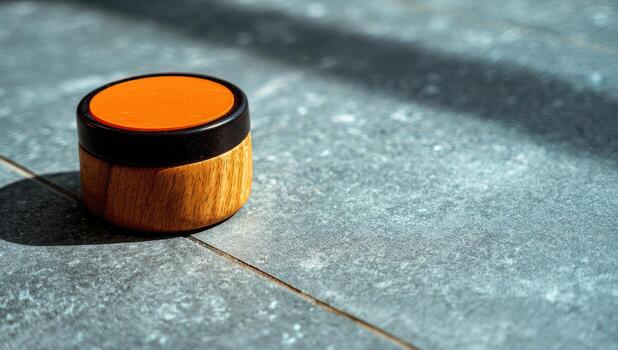 A small container with an orange lid sitting on a tile floor photo
