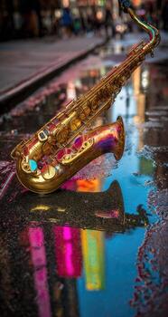 A saxophone laying on the ground in a puddle photo