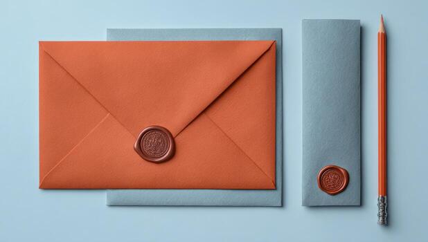 A red envelope, pencil and envelope with a wax seal photo