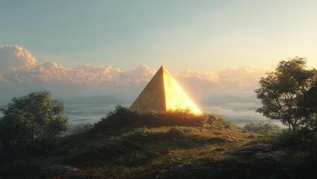 A golden pyramid on top of a hill with trees and grass photo