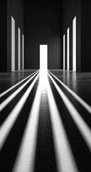 Black and white photo of a room with light shining through the door