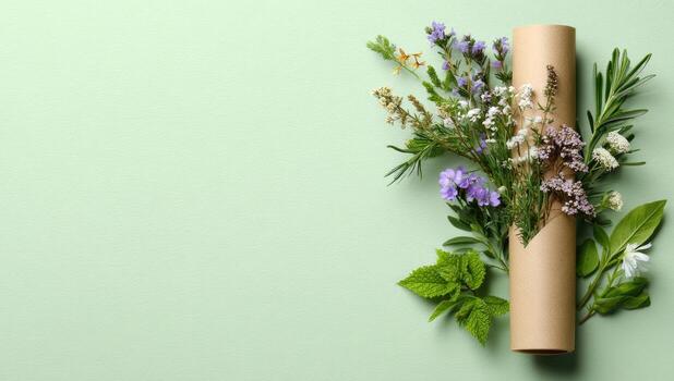Herbs and flowers in a roll of paper on a green background photo