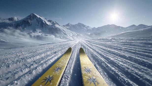 Two skis are on the snow covered mountain photo