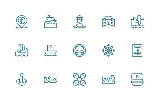 Ship Design Icons featuring 15 in Regular Line Style Simple Icon Pack vector