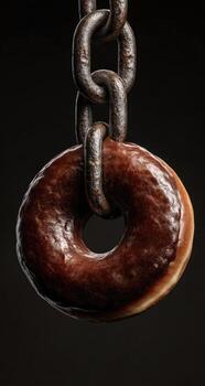 A donut hanging from a chain on a black background photo