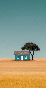 A blue house in a field with a tree photo