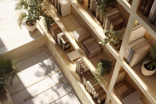 A library with books and plants on shelves photo