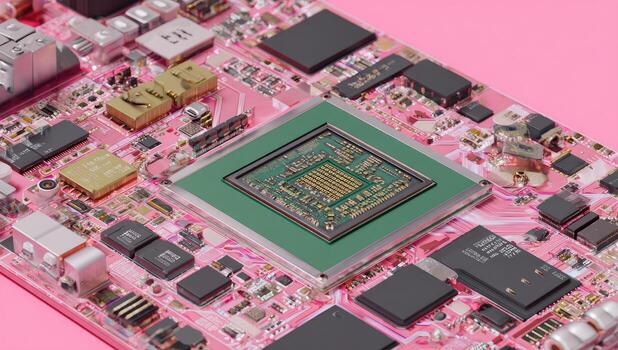 A close up of a pink motherboard with a cpu photo