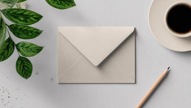 Envelope, pencil, and plant on white background photo