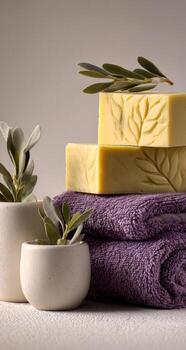 Three towels with soap and leaves on a table photo