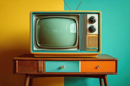 Retro television on a wooden table with a colorful background photo