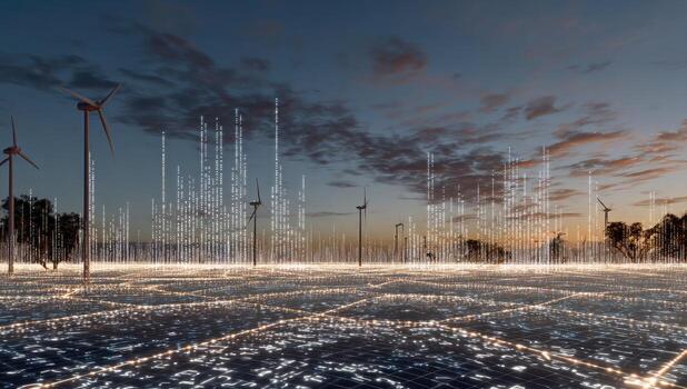 A field of wind turbines with lights and lines photo