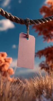 A pink tag hanging on a rope in the grass photo