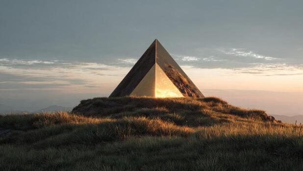 A pyramid shaped structure on top of a hill photo