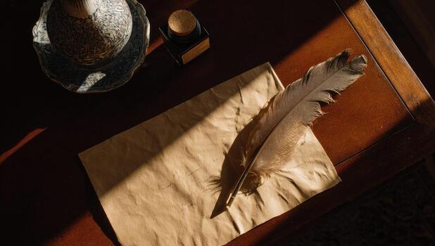A feather and ink on a paper with a vase photo
