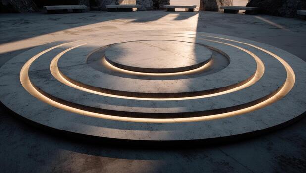 A circular stone structure with light shining on it photo
