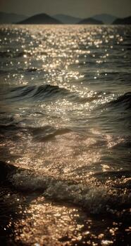 A view of the ocean at sunset with a boat in the water photo