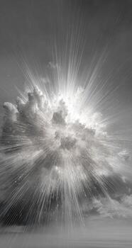 A black and white photo of a cloud with rays coming out of it