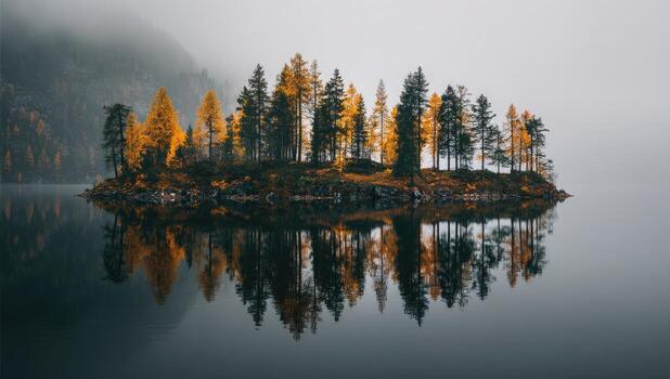Autumn trees on an island in the fog photo