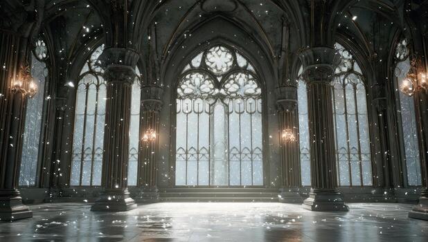 A gothic church with a large window and a lot of snow photo