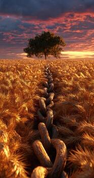A long chain is in the middle of a field photo