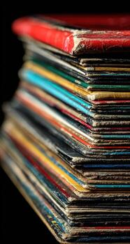 A stack of old records on a black background photo
