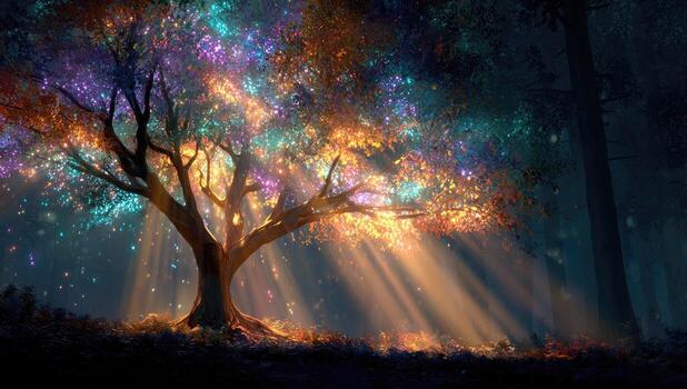A tree with colorful lights shining from it photo