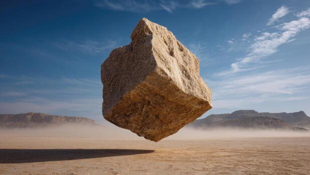 A large rock floating in the middle of a desert photo