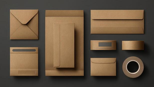 Various brown paper envelopes and other items on a black background photo
