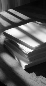 A stack of papers on a table in black and white photo