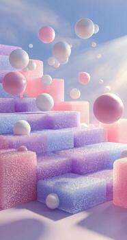 3d render of sugar cubes and balls floating in the air photo