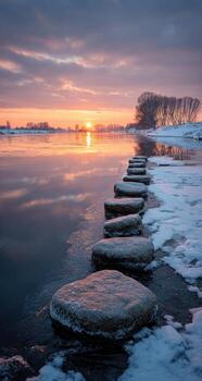 Stepping stones in the snow on a lake photo