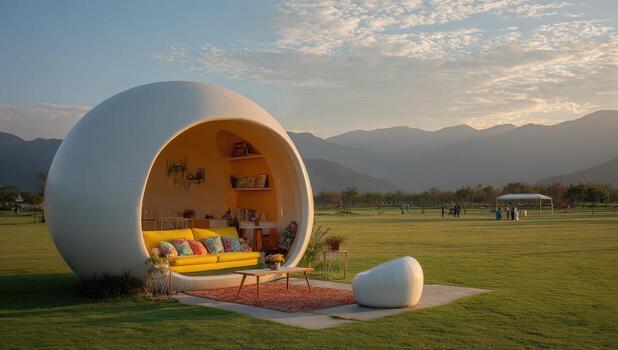 A white egg shaped house with a couch and a table photo
